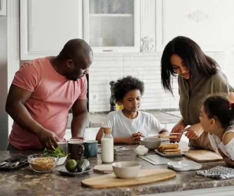 Submissive woman having breakfast with family