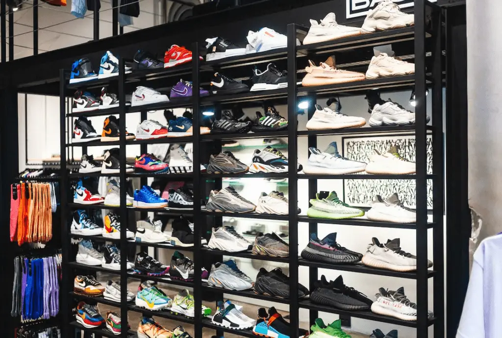 Branded sneakers on shelves