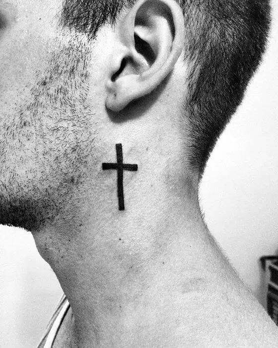 mens neck tattoo cross under the ear on the neck 