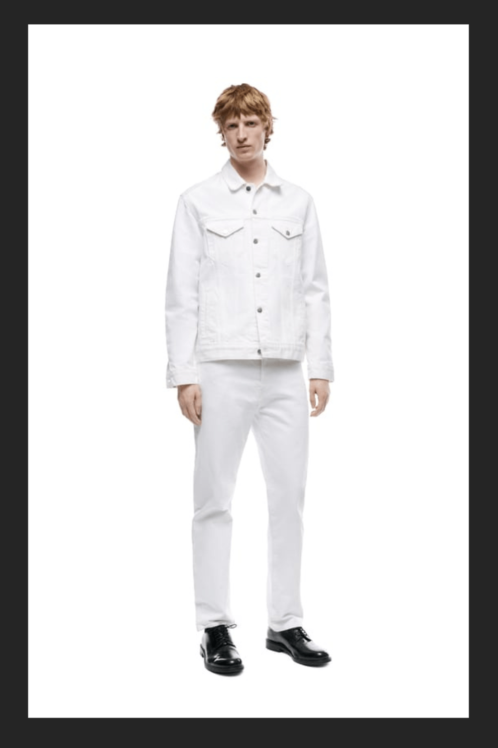male model showing off an all white denim jean jacket button up