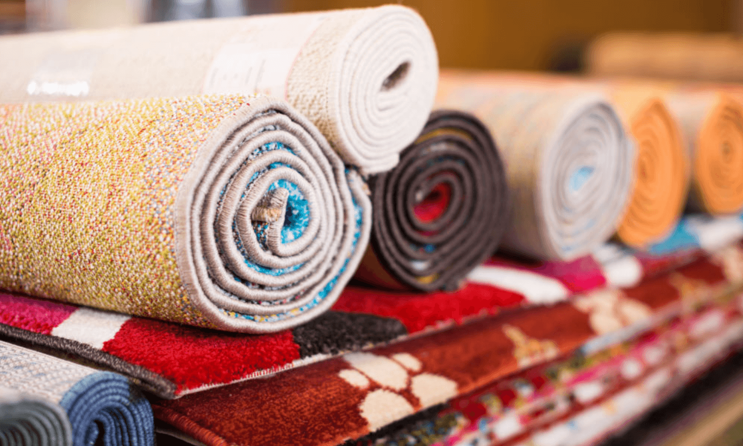 several rolled up area rugs set in a store for sale to show the different kinds of area rugs to use to decorate a coffee table area