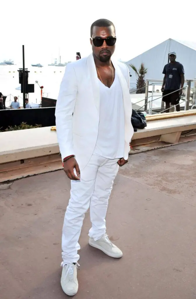 white sports coat kanye west all white outfit