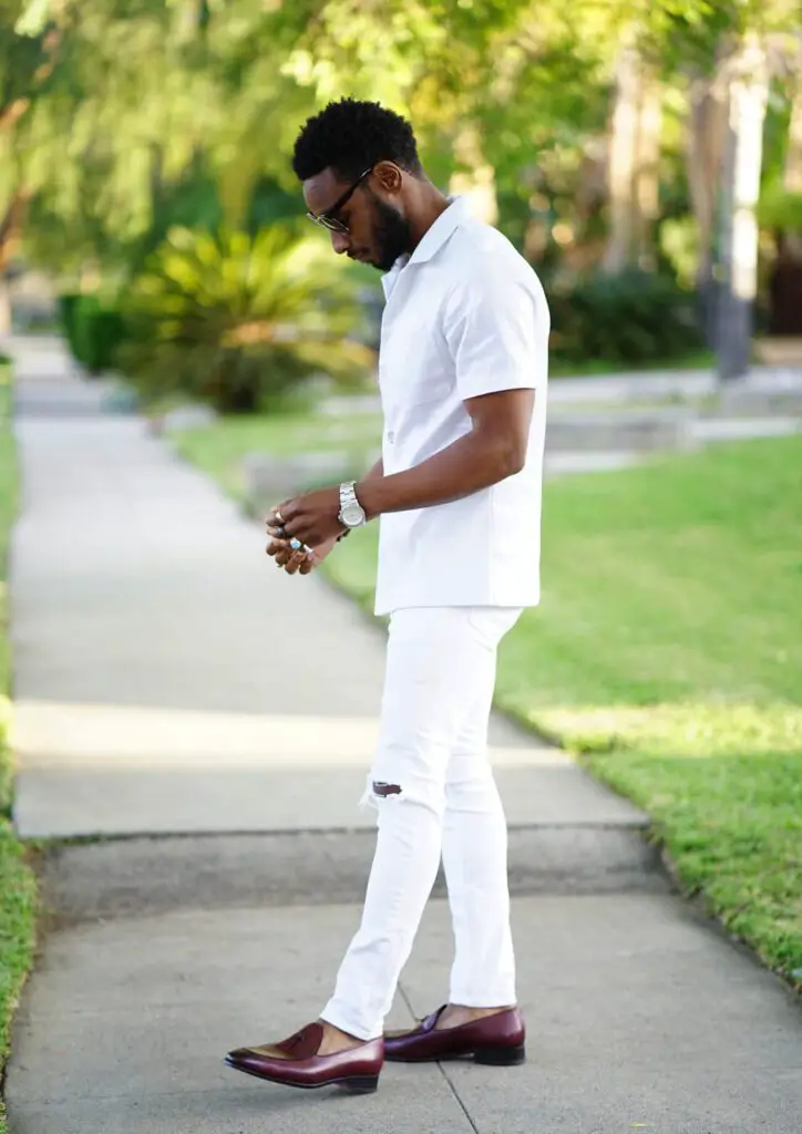 mens all white outfit with brown shoes