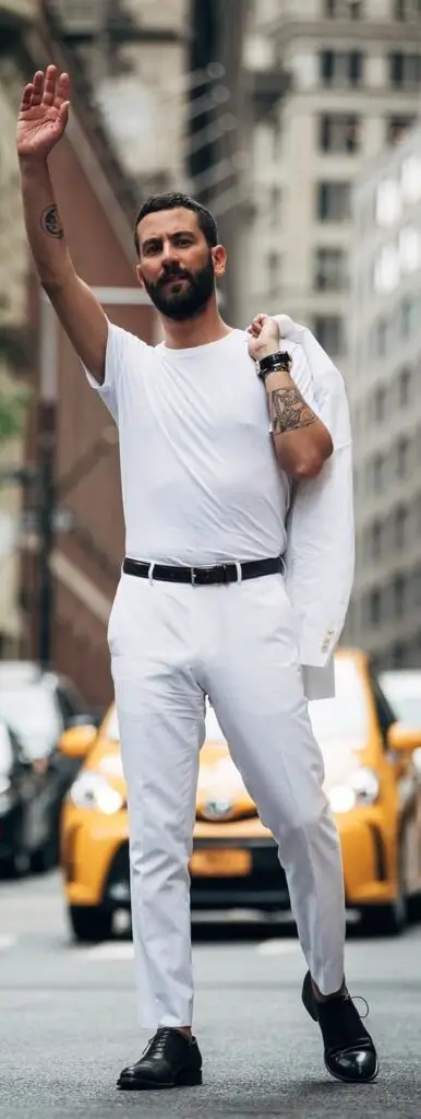white t shirt matching with a all white outfit