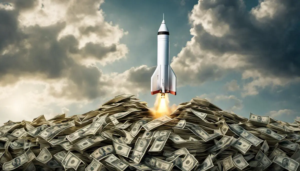Image illustrating the concept of venture capital, showing a rocket representing a startup company being propelled into the sky by stacks of money.