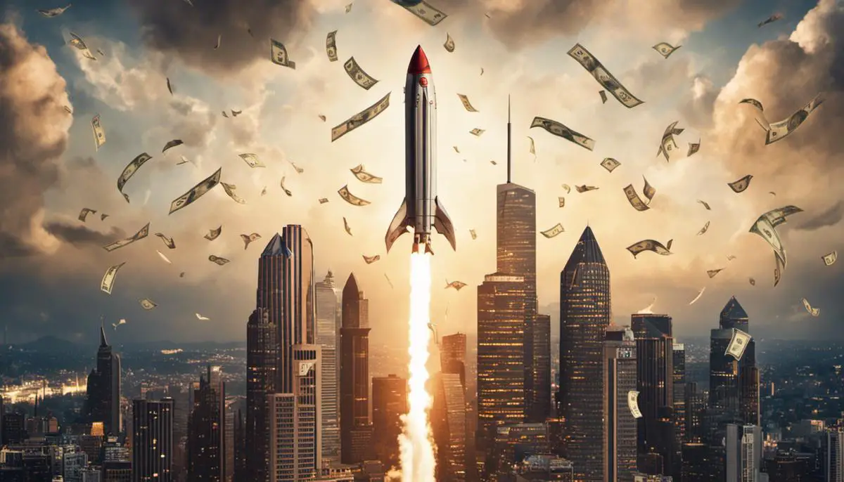 An image illustrating the concept of venture capital, showing a rocket launching into the sky with money symbols trailing behind it.
