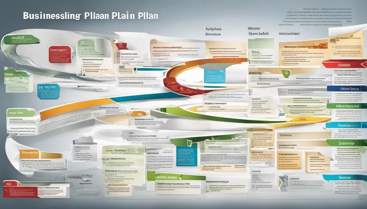 Image depicting the different sections of a business plan, such as understanding, importance, different sections, executive summary, company description, market analysis, organization and management, service or product line, marketing and sales, and financial projections.