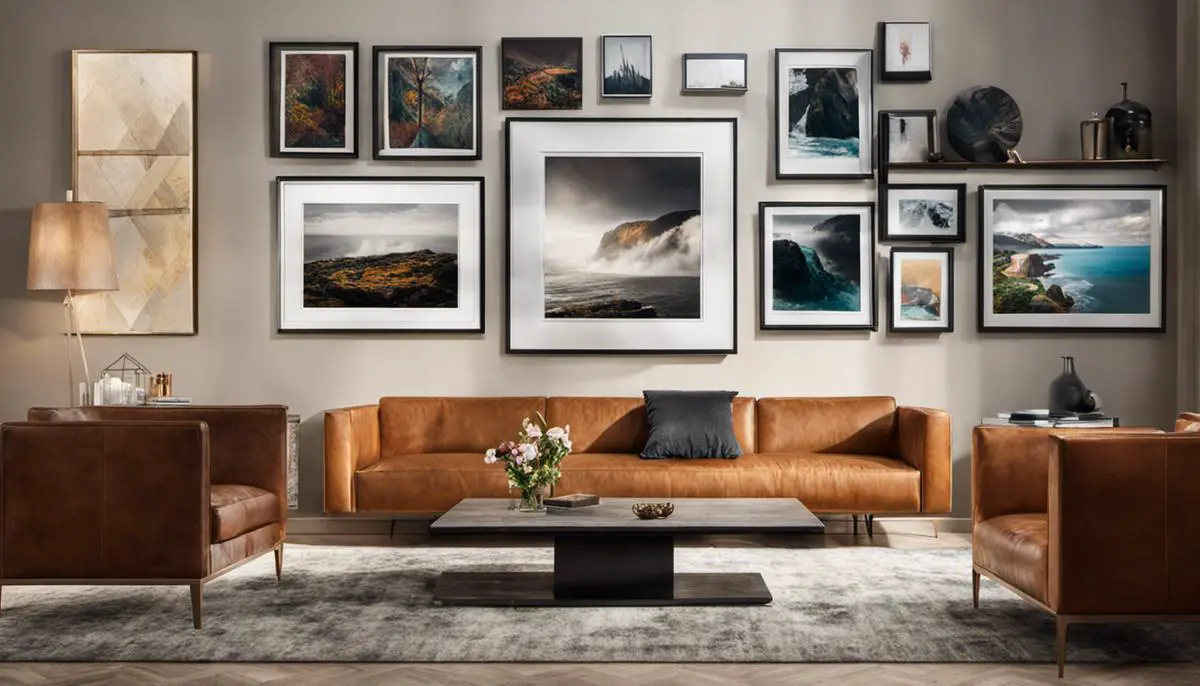 A gallery wall with various pieces of art in different sizes and styles. The wall is well-lit, highlighting the colors and textures of the artworks.