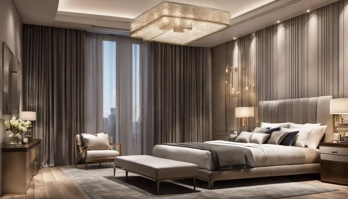 An image of a bedroom with well-designed light fixtures, illuminating the room with a calming and inviting ambiance