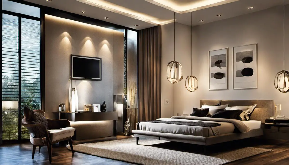 Different types of bedroom light fixtures hanging from the ceiling and illuminating the room.