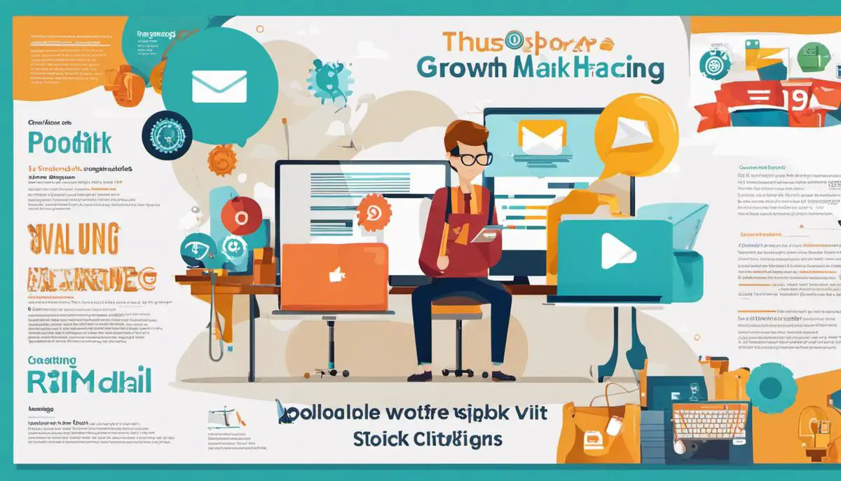 Image illustrating growth hacking strategies, such as creating viral content, building an email list, leveraging social media platforms, and referral marketing.