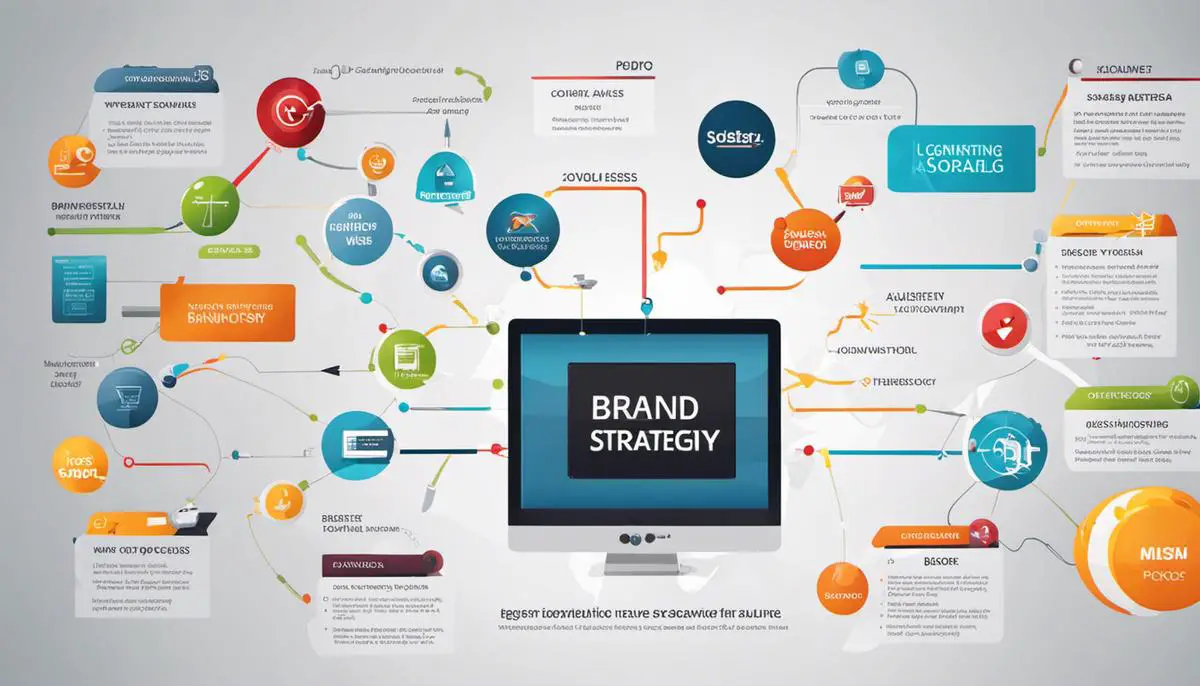 Image describing the process of brand strategy, highlighting different components such as target market, brand positioning, marketing techniques, social media utilization, alignment with business goals, and connecting with the target audience.