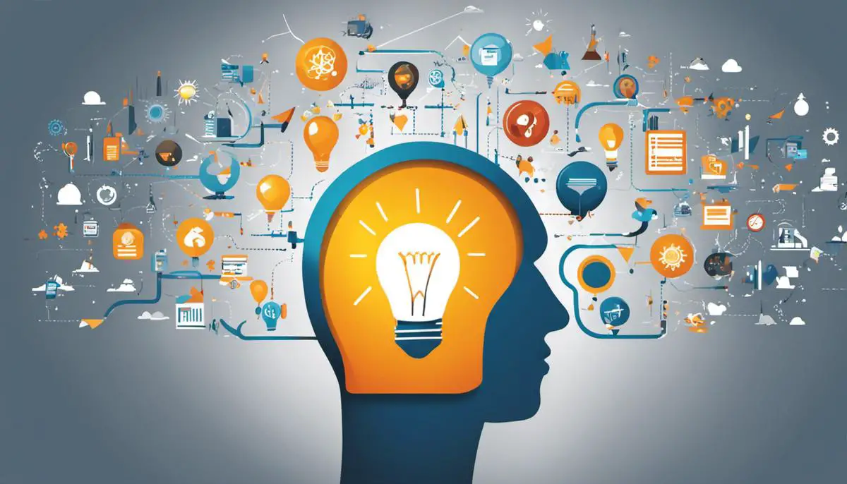 Image depicting the process of understanding business concepts, showing a person with a lightbulb above their head surrounded by business-related symbols and icons